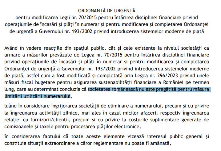 Guvernul pastreaza limitele actuale ale platilor cash. MFP a publicat proiectul de ordonanta de urgenta